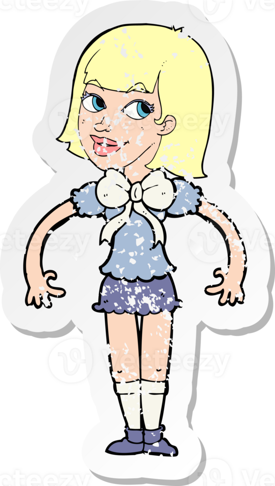 retro distressed sticker of a cartoon woman wearing a big bow tie png