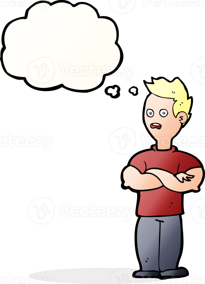 cartoon man with crossed arms with thought bubble png