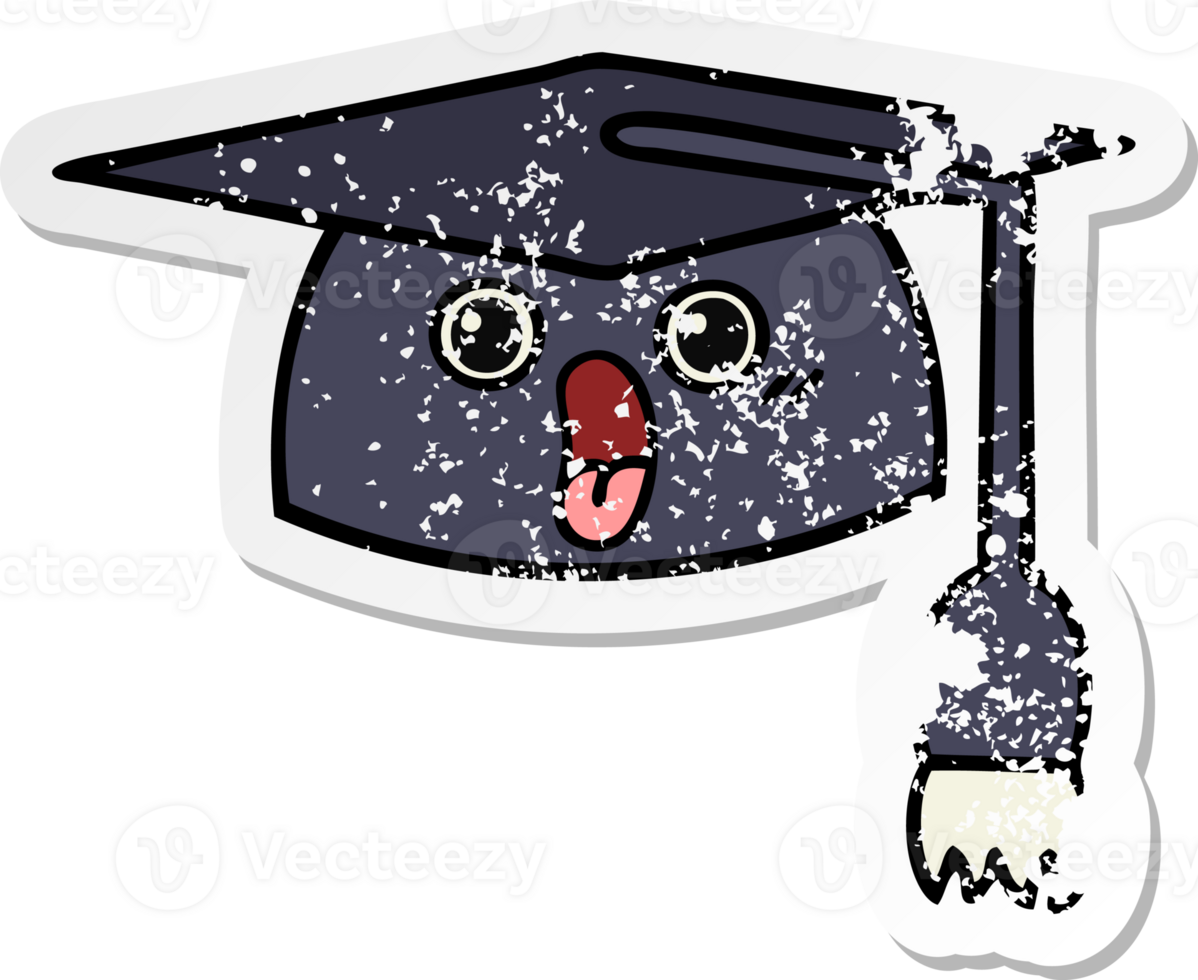 distressed sticker of a cute cartoon graduation hat png