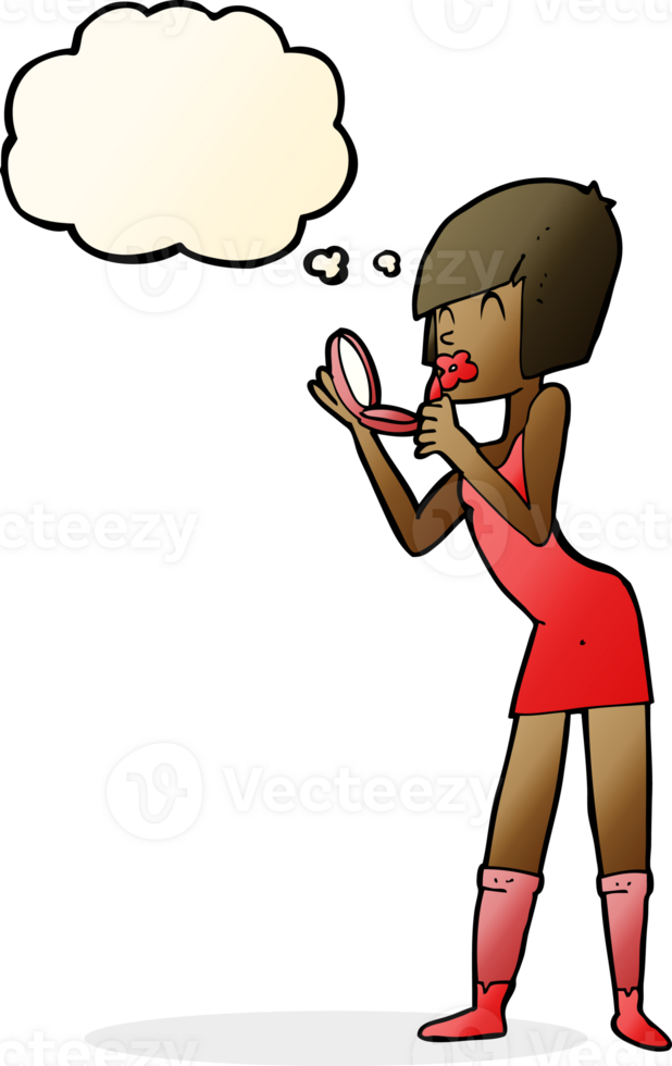 cartoon woman applying lipstick with thought bubble png
