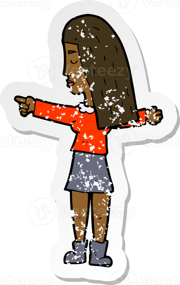 retro distressed sticker of a cartoon woman pointing png