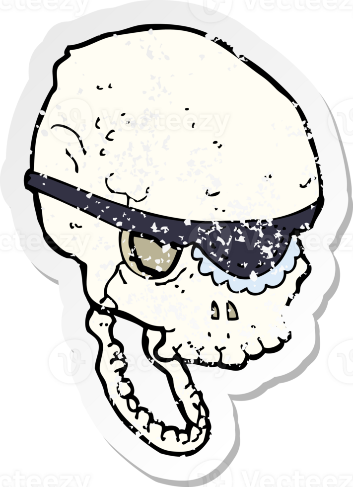 retro distressed sticker of a cartoon spooky skull with eye patch png