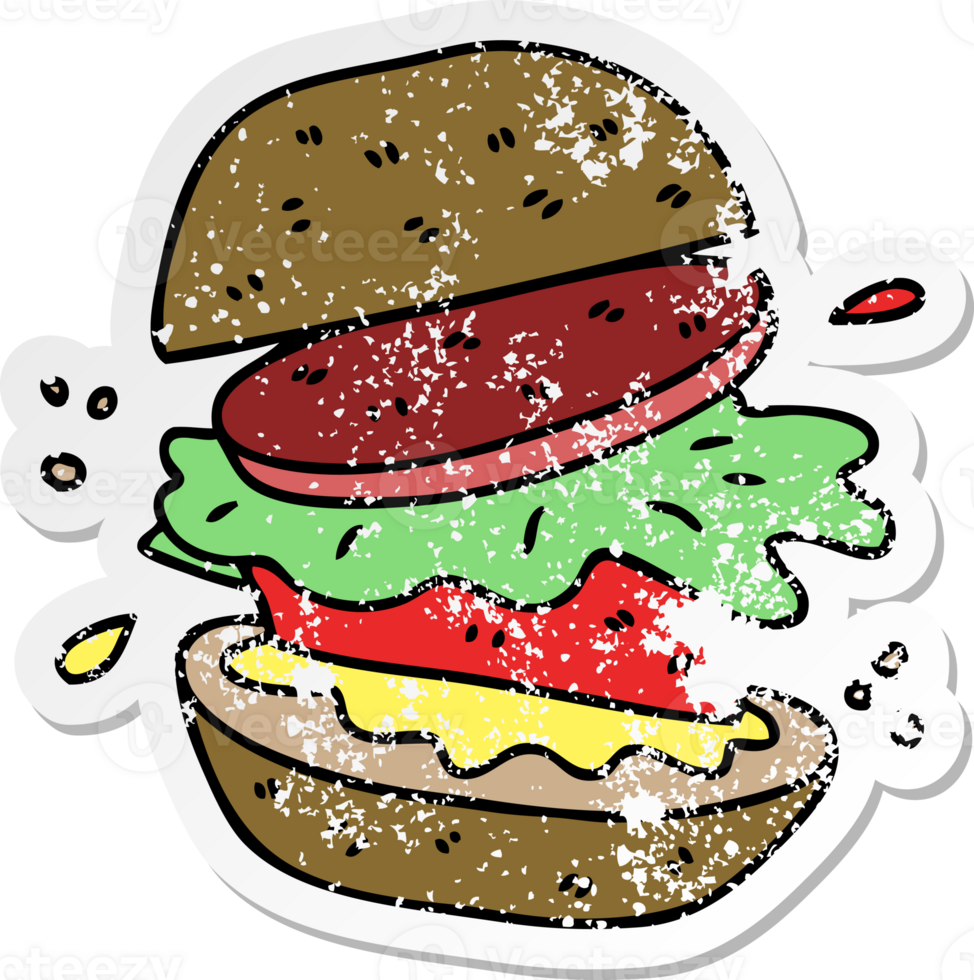 distressed sticker of a quirky hand drawn cartoon veggie burger png