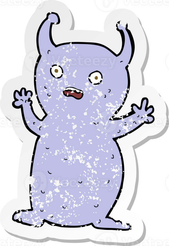 retro distressed sticker of a cartoon funny little alien png