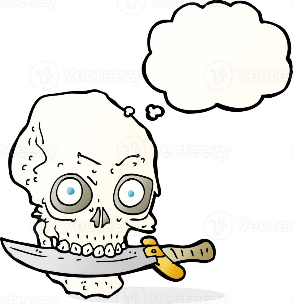 cartoon pirate skull with knife in teeth with thought bubble png