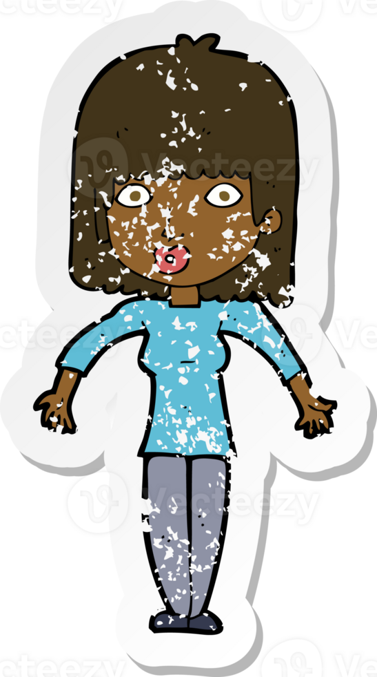 retro distressed sticker of a cartoon woman shrugging png