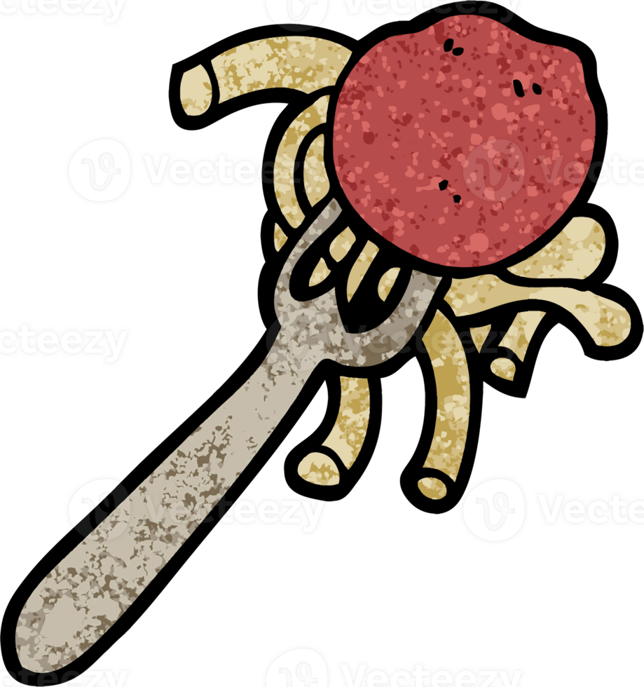 illustration texturée grunge spaghetti et boulettes de viande de dessin animé sur la fourche png