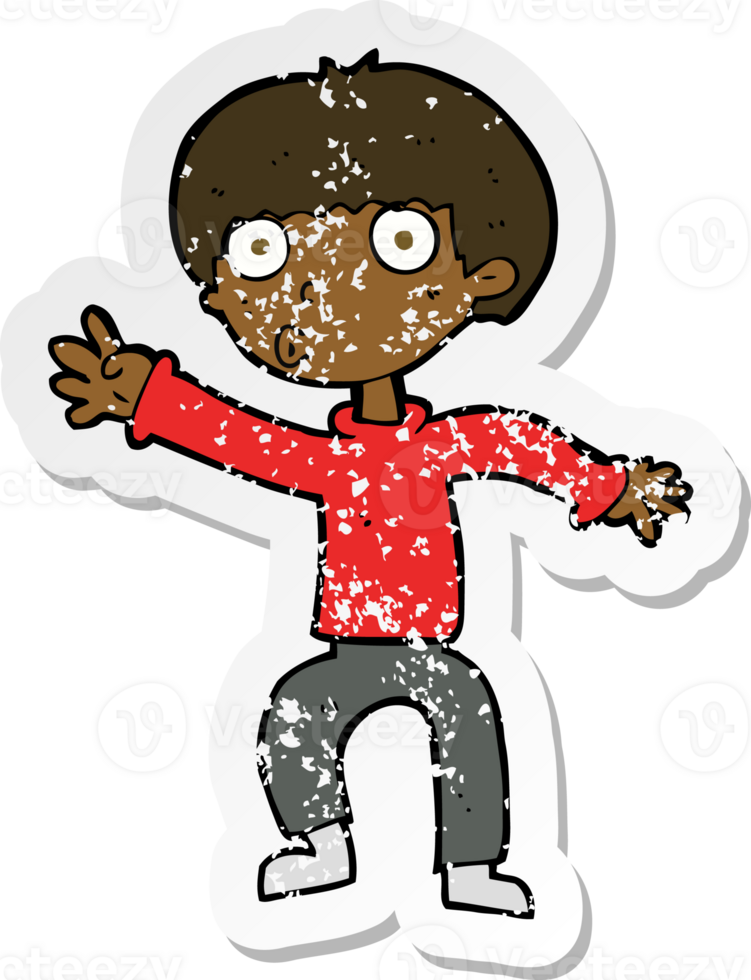 retro distressed sticker of a cartoon boy waving warning png