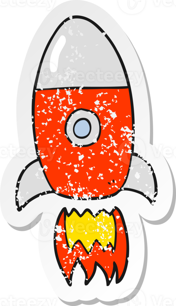 retro distressed sticker of a cartoon flying rocket png