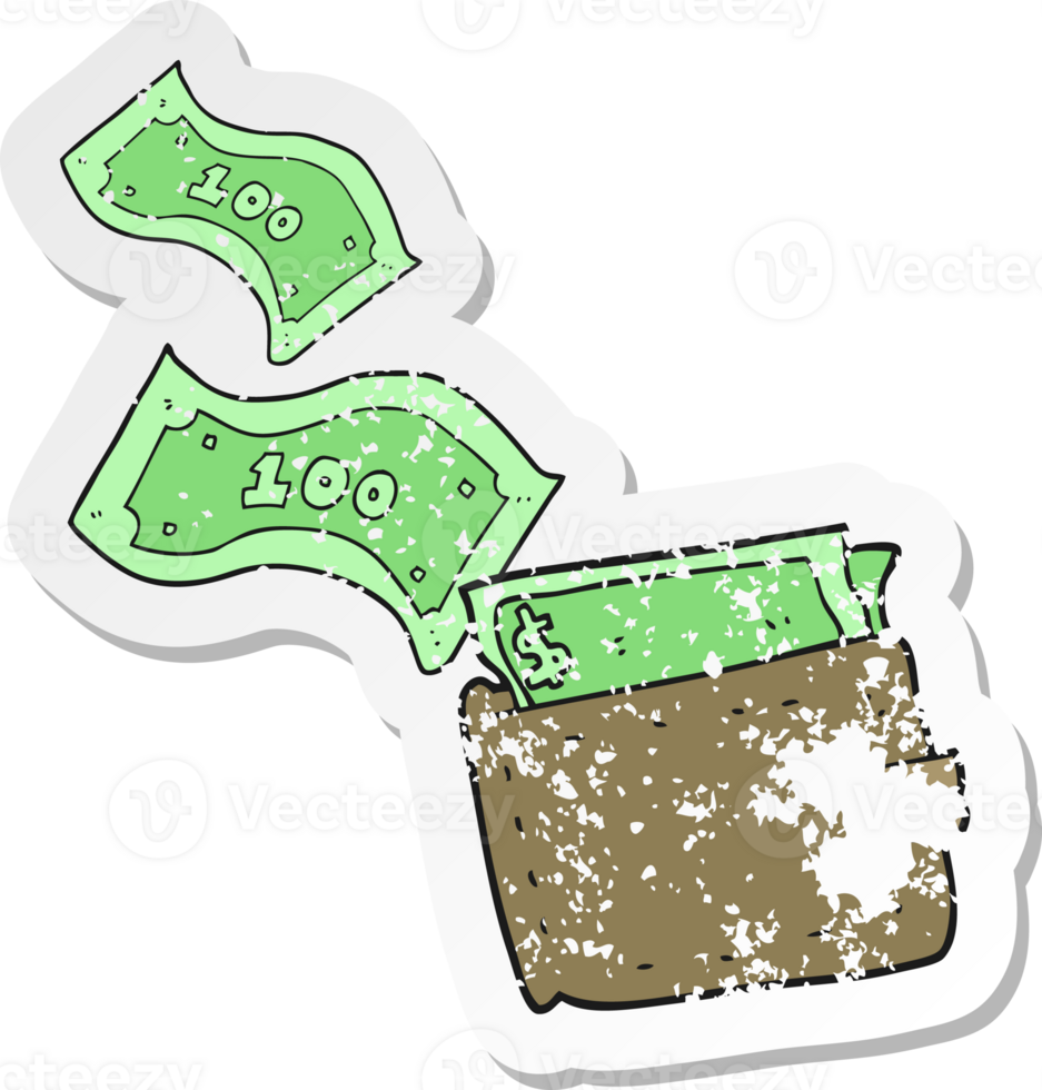 retro distressed sticker of a cartoon wallet full of money png