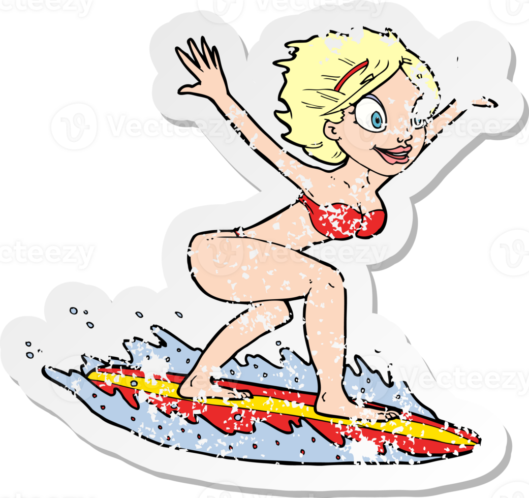 retro distressed sticker of a cartoon surfer girl png