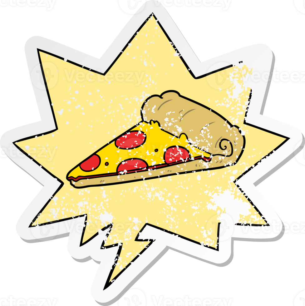 cartoon slice of pizza and speech bubble distressed sticker png
