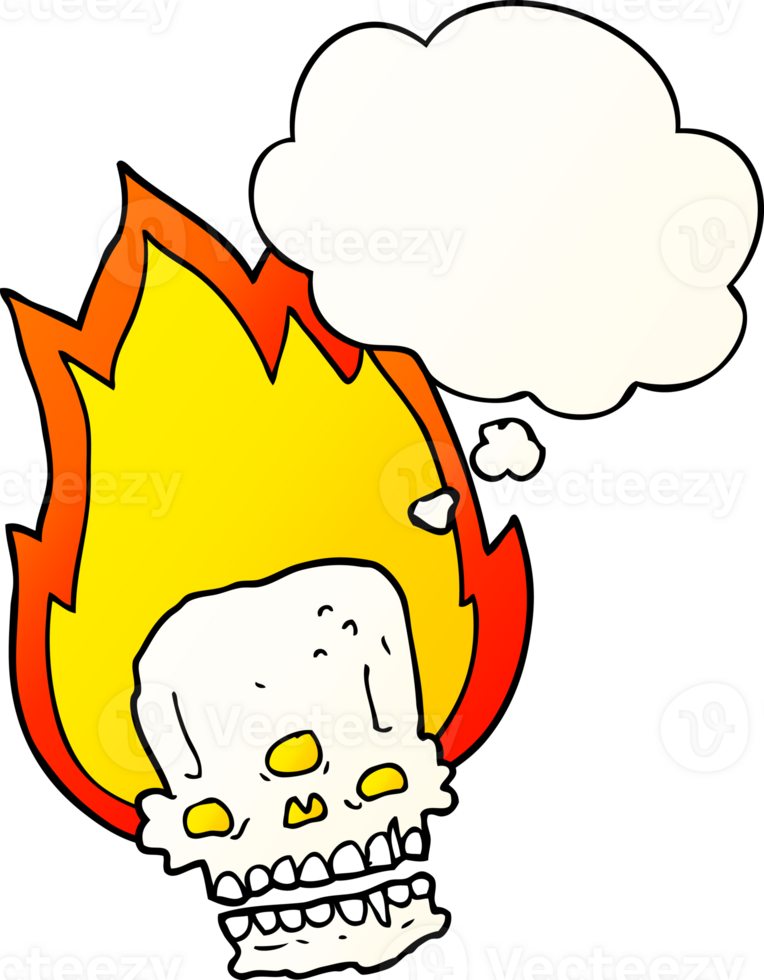 spooky cartoon flaming skull and thought bubble in smooth gradient style png