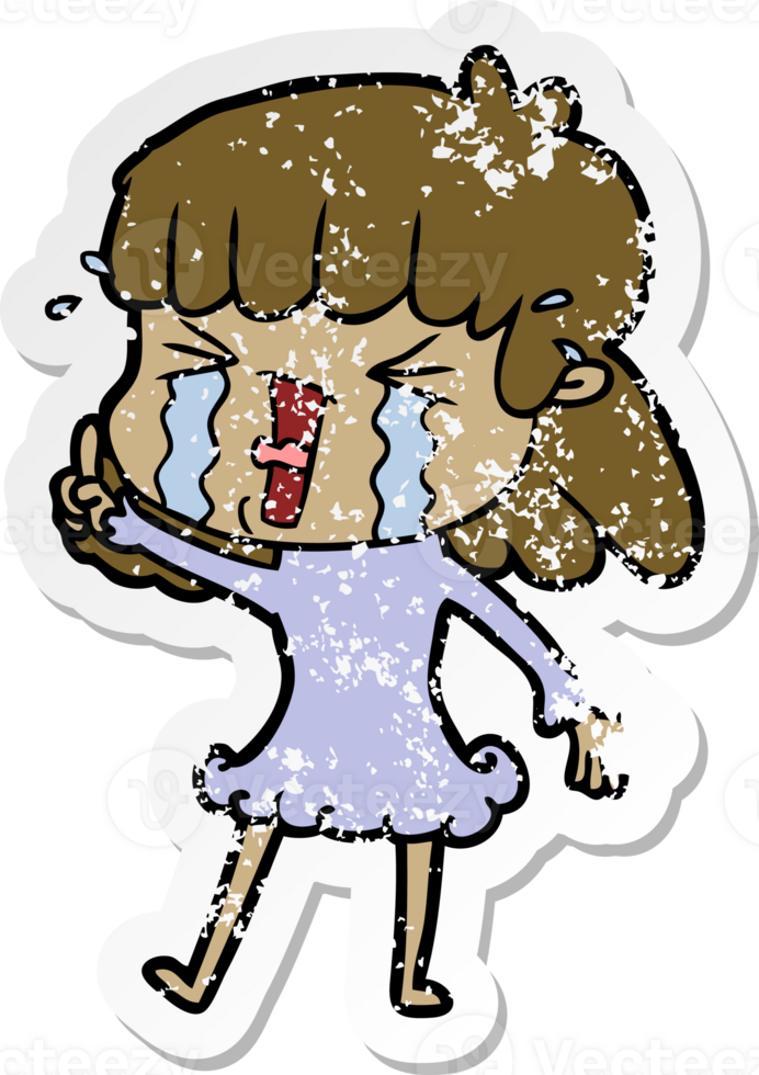 distressed sticker of a cartoon woman in tears png