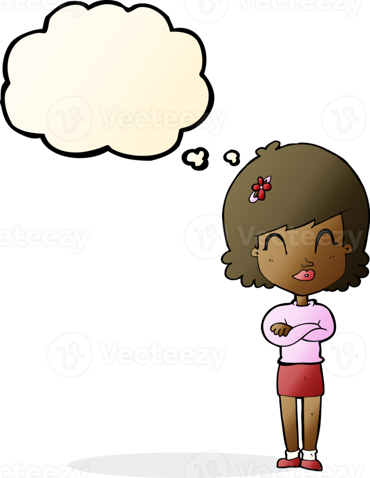 cartoon happy woman with folded arms with thought bubble png