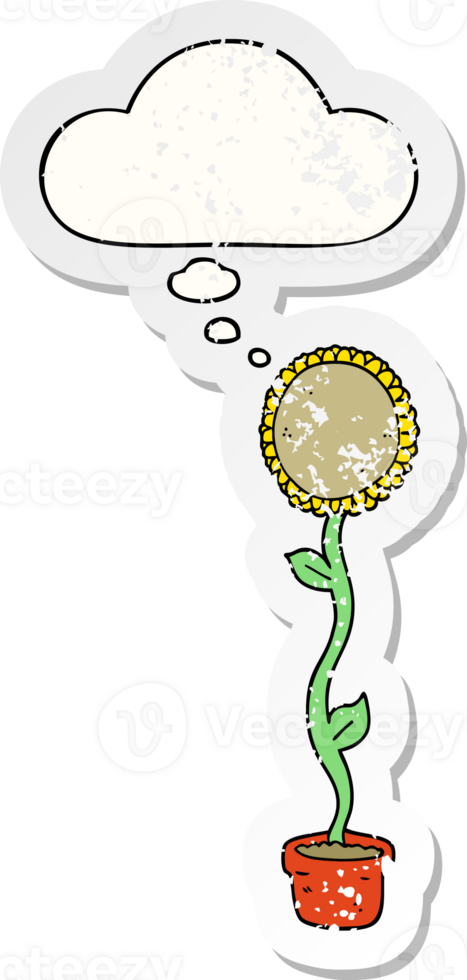 cartoon sunflower and thought bubble as a distressed worn sticker png