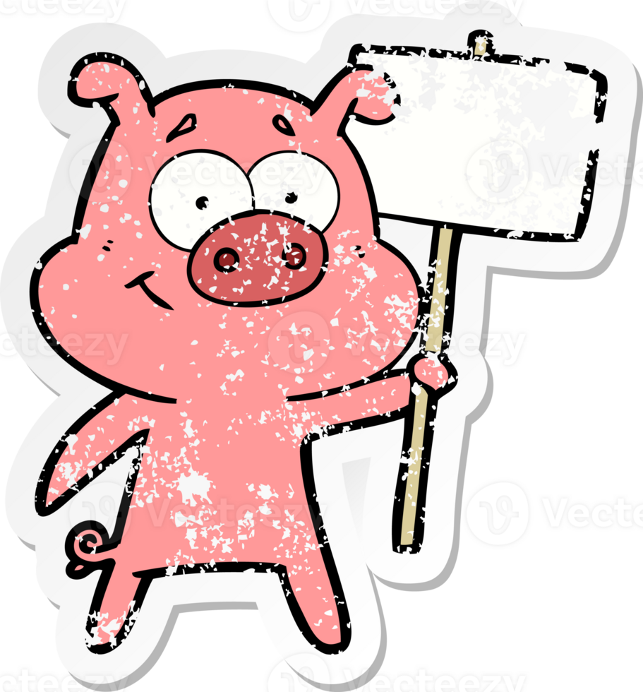 distressed sticker of a happy cartoon pig png