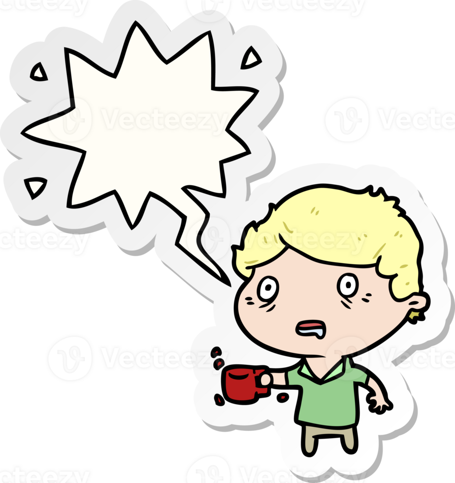 cartoon man jittery from drinking too much coffee and speech bubble sticker png