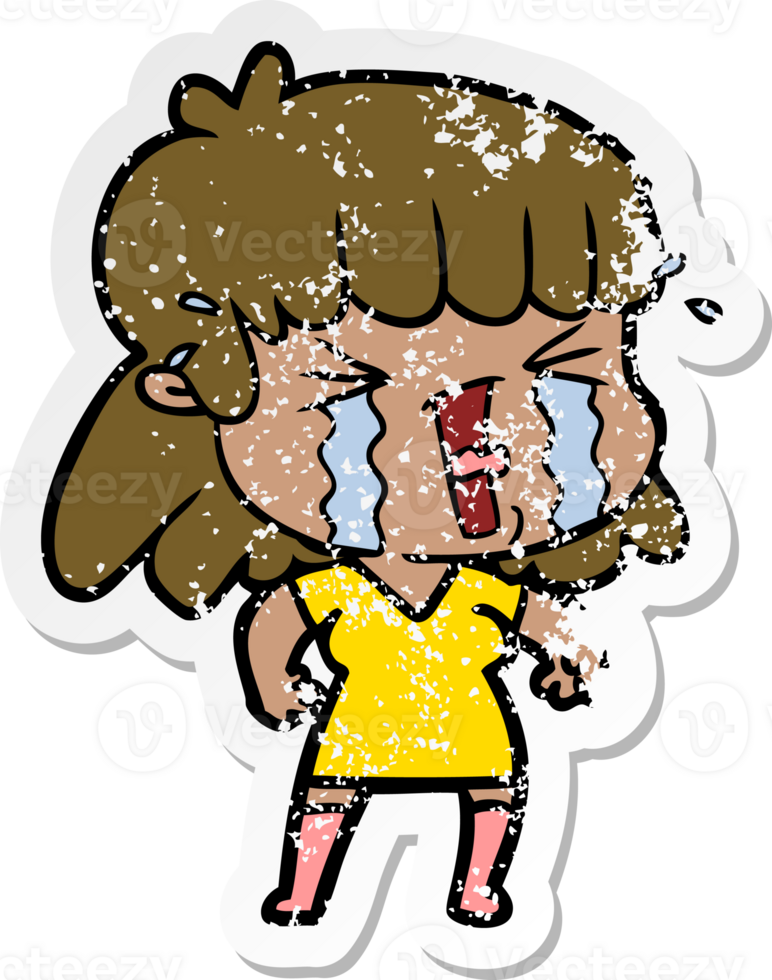 distressed sticker of a cartoon woman in tears png