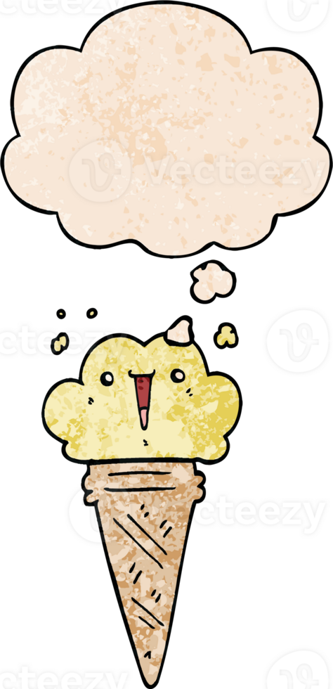 cartoon ice cream with face and thought bubble in grunge texture pattern style png