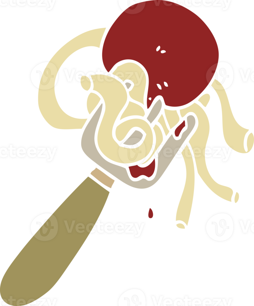 flat color illustration cartoon spaghetti and meatballs on fork png