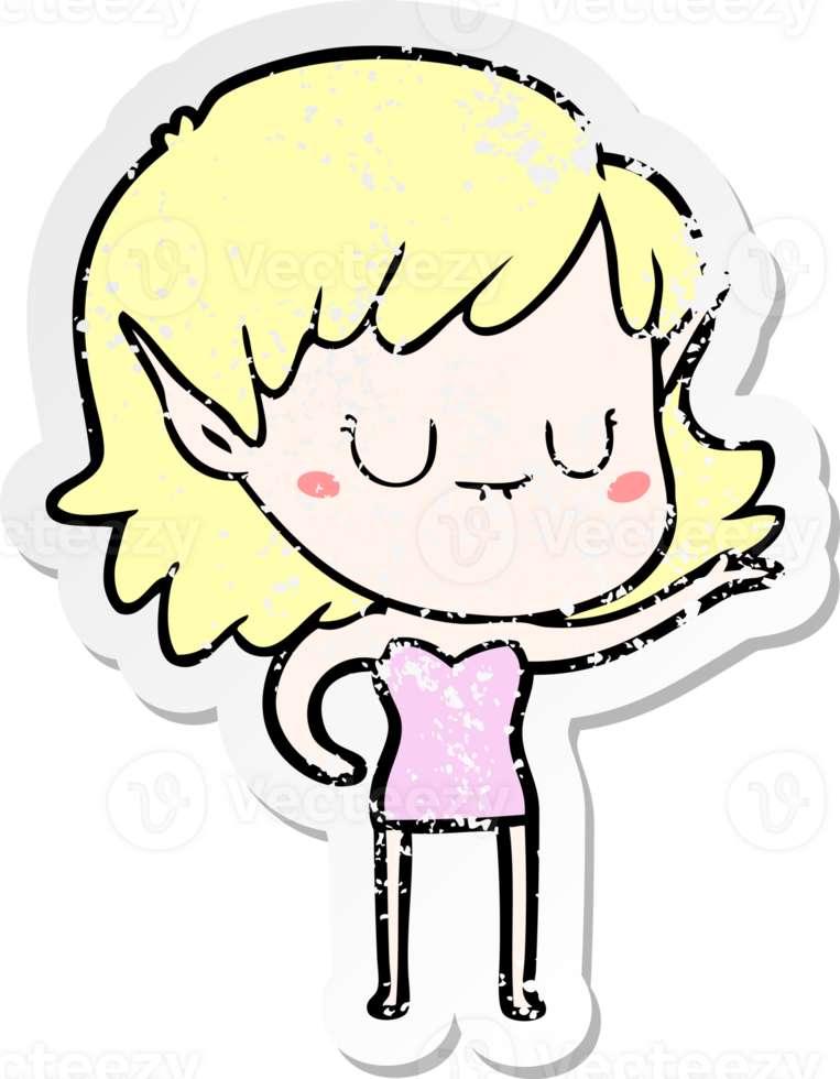 distressed sticker of a happy cartoon elf girl png