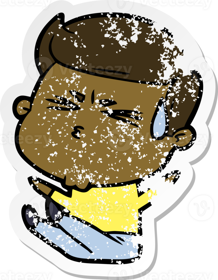 distressed sticker of a cartoon man sweating png