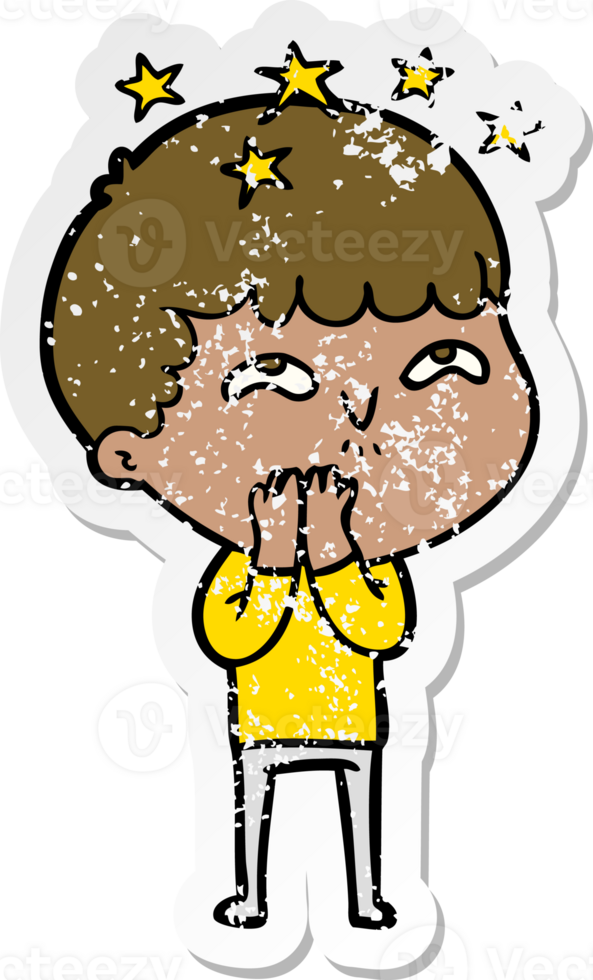 distressed sticker of a cartoon amazed boy png