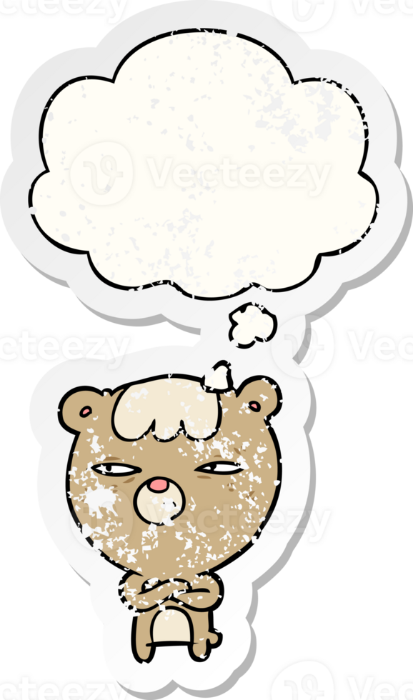 cartoon angry bear and thought bubble as a distressed worn sticker png
