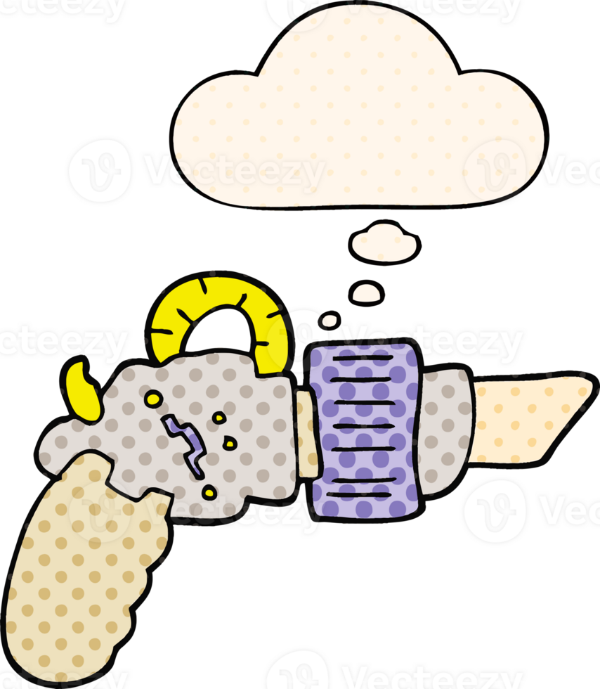 pistolet à rayons de dessin animé et bulle de pensée dans le style de la bande dessinée png