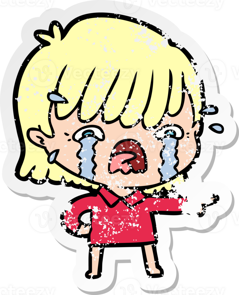 distressed sticker of a cartoon girl crying png