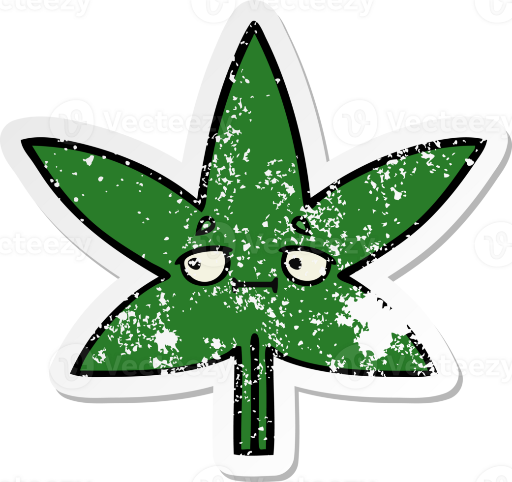 distressed sticker of a cute cartoon marijuana leaf png