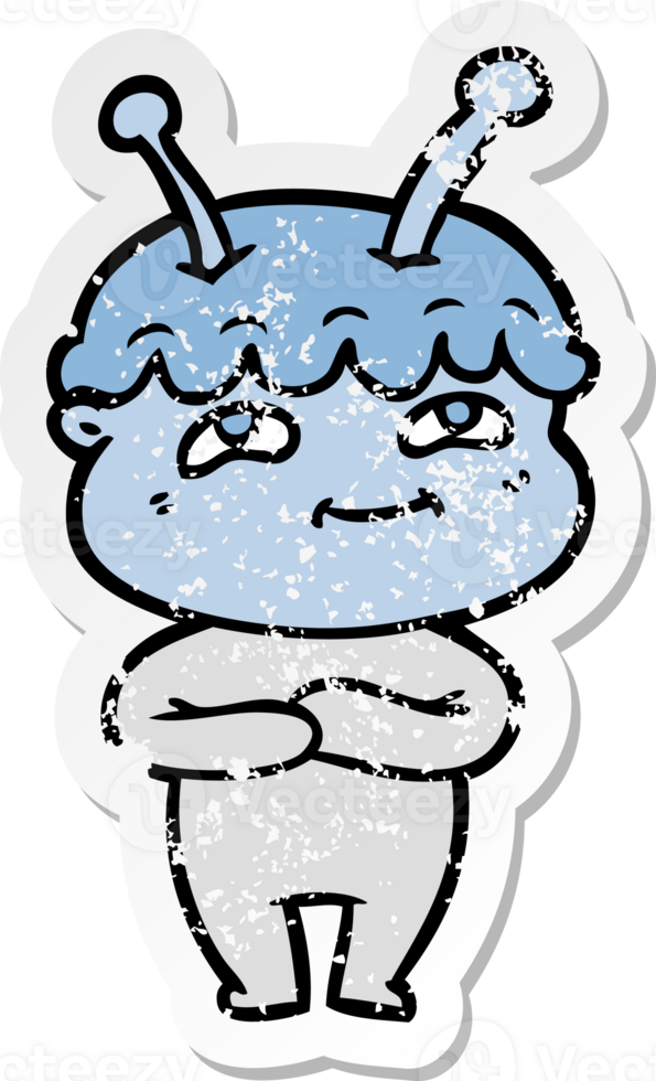 distressed sticker of a friendly cartoon spaceman png