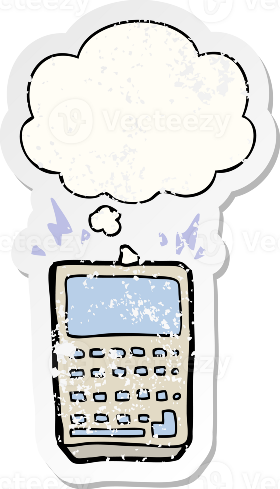 cartoon calculator and thought bubble as a distressed worn sticker png