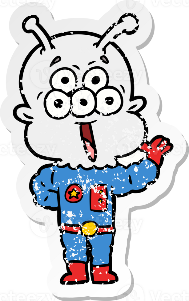 distressed sticker of a happy cartoon alien waving png