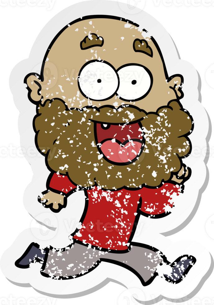 distressed sticker of a cartoon crazy happy man with beard running png