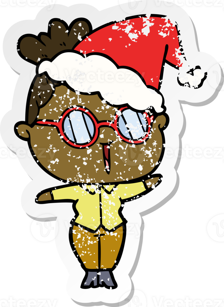 distressed sticker cartoon of a woman wearing spectacles wearing santa hat png
