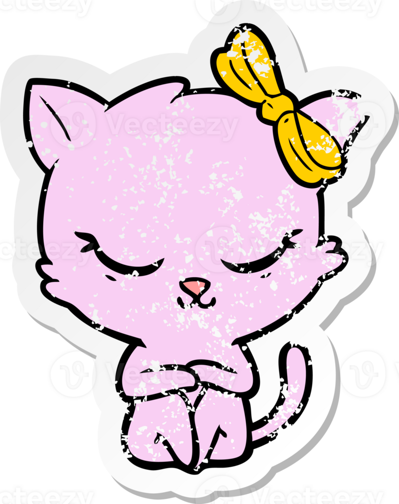 distressed sticker of a cute cartoon cat with bow png