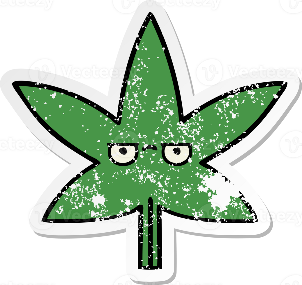 distressed sticker of a cute cartoon marijuana leaf png