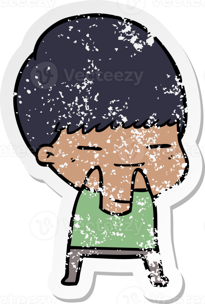 distressed sticker of a cartoon smug boy png