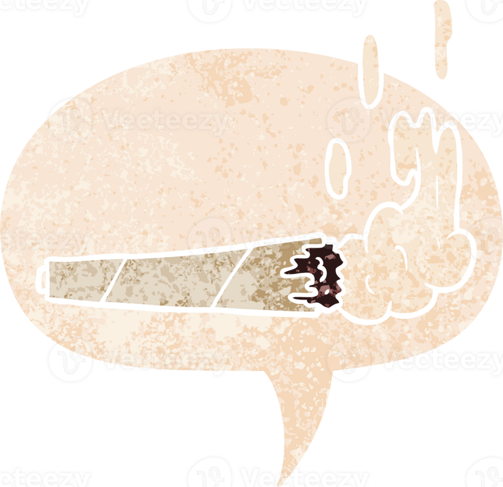 joint de marijuana de dessin animé et bulle de dialogue dans un style texturé rétro png