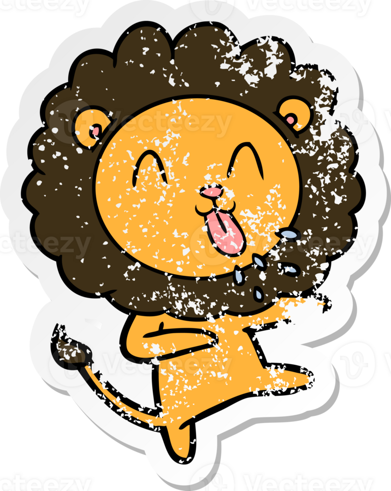 distressed sticker of a happy cartoon lion png