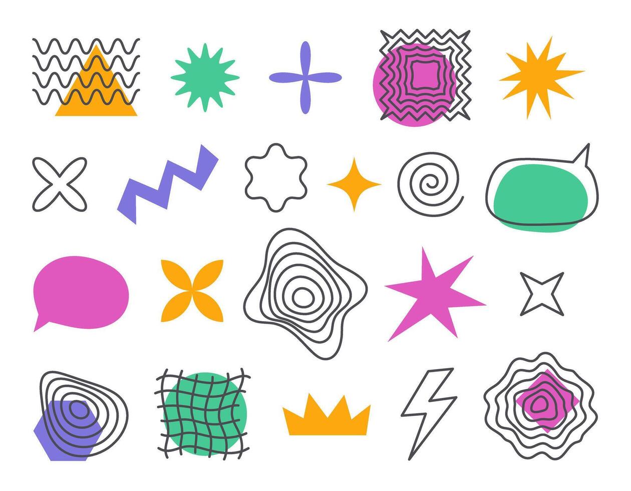 Set with different 90s elements for design.Trendy geometric forms, memphis elements. Simple shapes forms, symbols and frames y2k style. illustration vector
