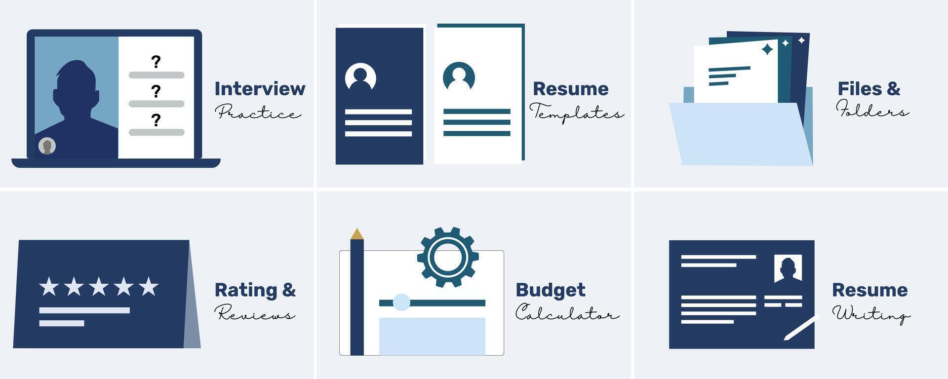 career services illustrations showing company reviews and ratings, budget calculator, resume writing services, resume templates, interview practice, resume samples, online interview, and hiring. vector