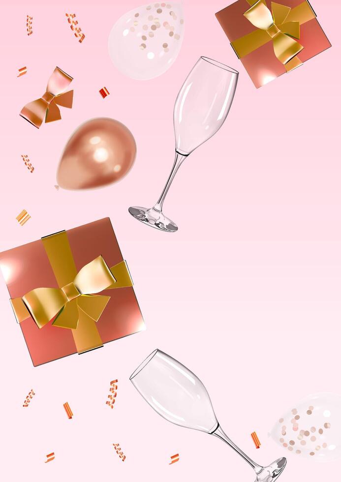 Realistic rose gold gift box with glasses and balloons celebration design vector