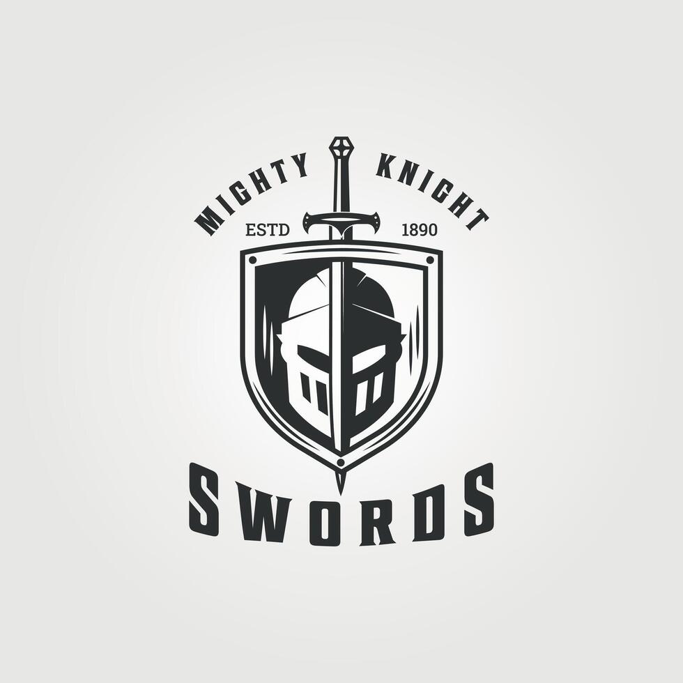 mighty knight with shield and swords logo vintage illustration icon graphic design, template for web or business vector