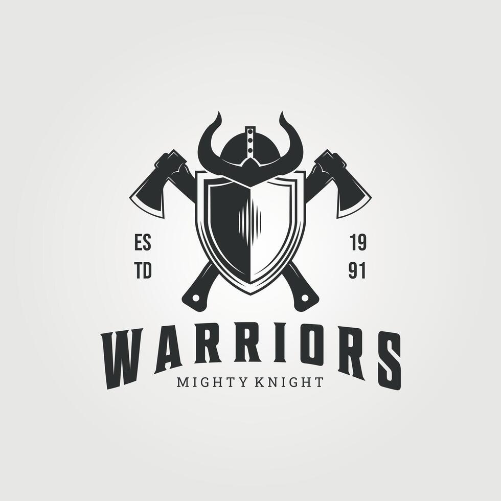 warriors with axe, shield and helmet logo vintage illustration design, brave warriors and mighty axe vector
