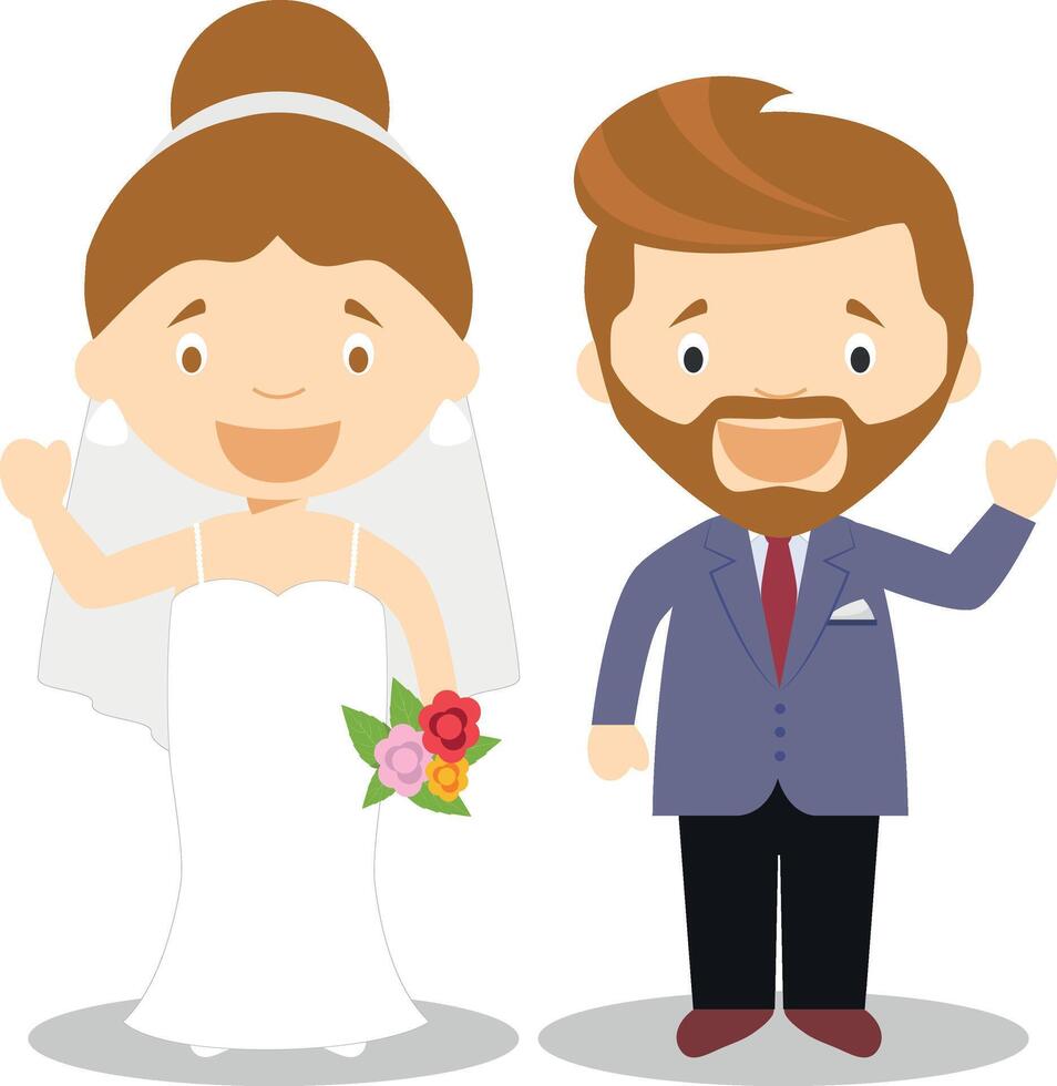 Caucasian newlywed couple in cartoon style illustration vector