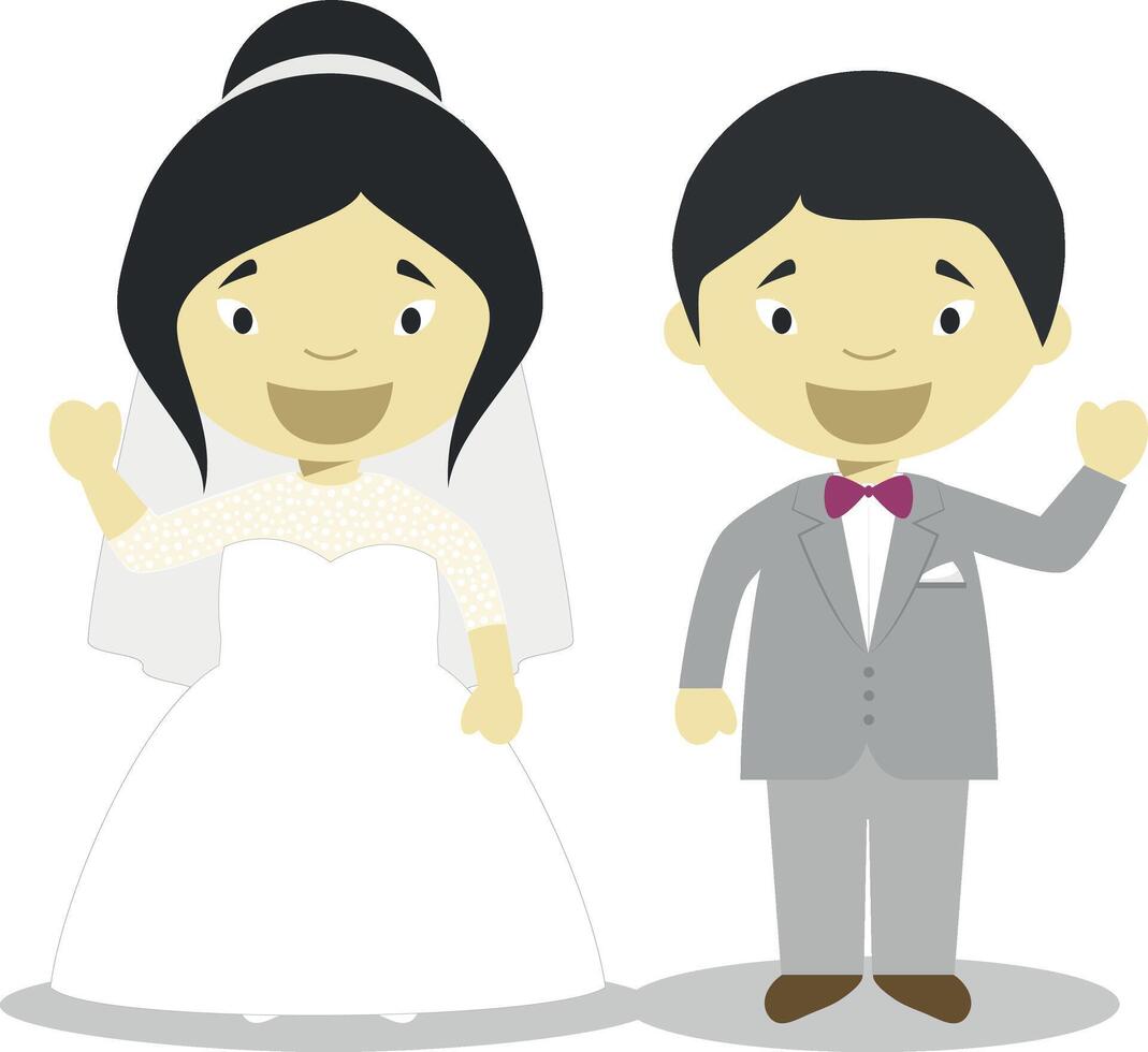 Oriental newlywed couple in cartoon style illustration vector