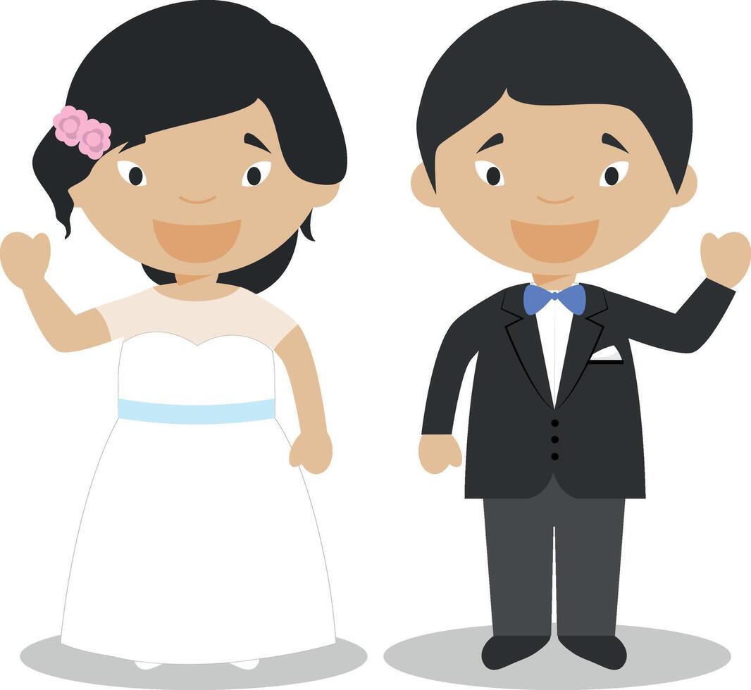 Oriental newlywed couple in cartoon style illustration vector